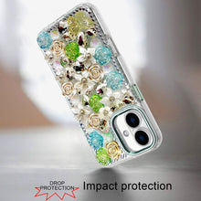 For iPhone 17 Case Full Floral 3D Bling Jewel Cute Phone Cover + Tempered Glass