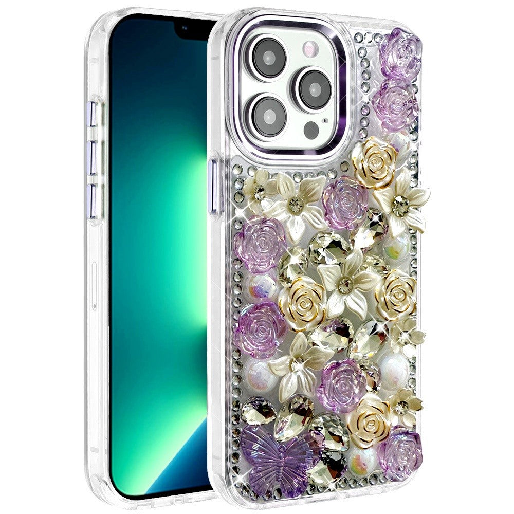 For iPhone 13 Pro Max Case Full Floral Arrangement 3D Bling Cute Phone Cover