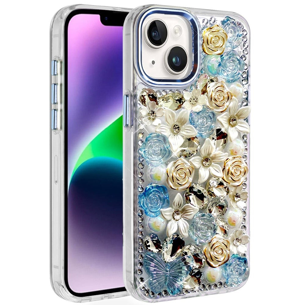 For iPhone 13/14 Case Floral Arrangement 3D Bling Phone Cover + Tempered Glass