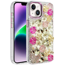 For iPhone 13/14 Case Floral Arrangement 3D Bling Phone Cover + Tempered Glass