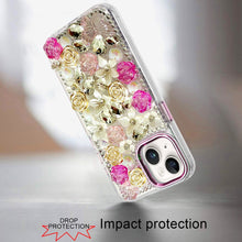 For iPhone 13/14 Case Floral Arrangement 3D Bling Phone Cover + Tempered Glass