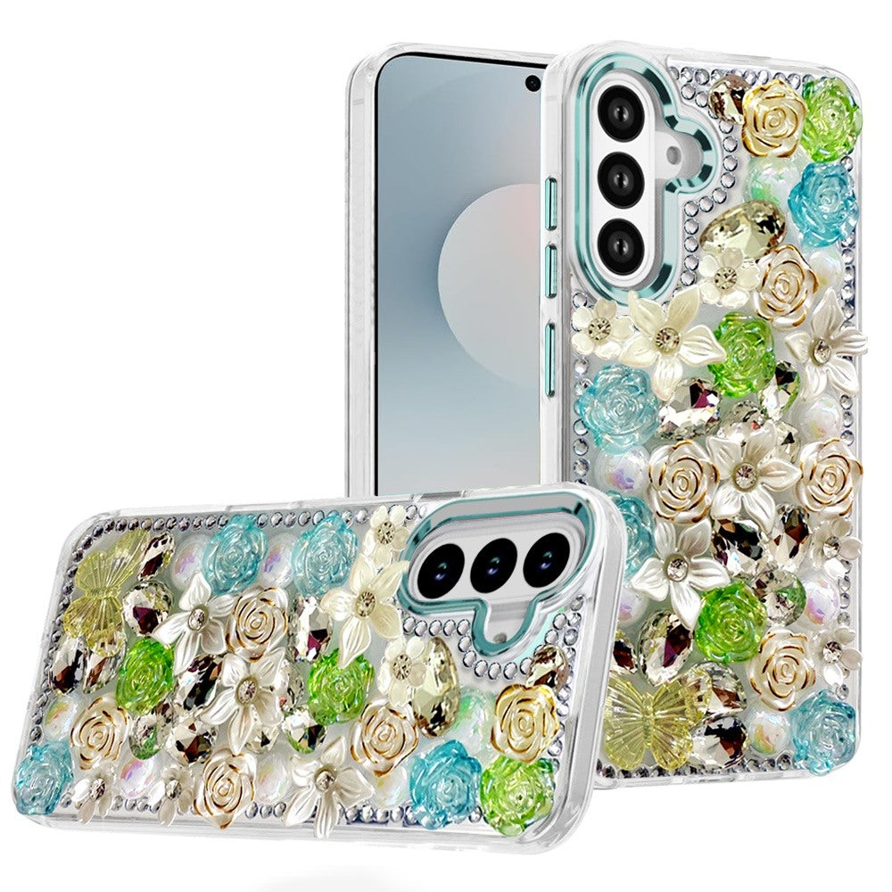For Samsung S25 FE Case Floral Arrangement 3D Bling Cute Cover + Tempered Glass