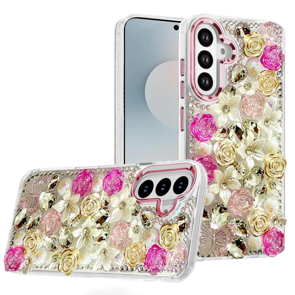 For Samsung S25 FE Case Floral Arrangement 3D Bling Cute Cover + Tempered Glass