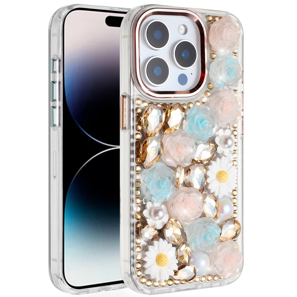 For iPhone 14 PRO MAX 6.7 in. Case Full 3D Bling Rhinestone Roses Jewel Cover