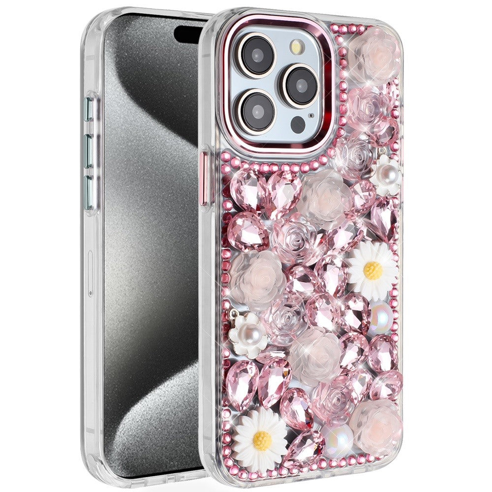 For iPhone 15 Pro Max Case Full 3D Bling Rhinestone Jewel + 2 Tempered Glass