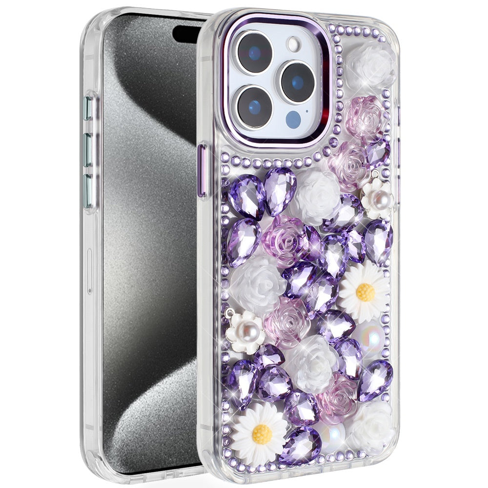 For iPhone 15 Pro Max Case Full 3D Bling Rhinestone Jewel + 2 Tempered Glass