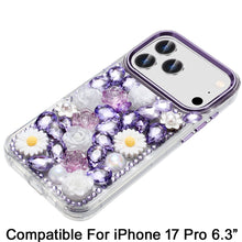 For iPhone 17 PRO Case Full 3D Bling Jewel Floral Phone Cover + Tempered Glass