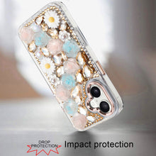 For iPhone 17 Case Full 3D Bling Faux Jewel Floral Phone Cover + Tempered Glass