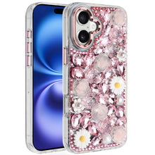 For iPhone 17 Case Full 3D Bling Faux Jewel Floral Phone Cover + Tempered Glass