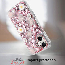 For iPhone 17 Case Full 3D Bling Faux Jewel Floral Phone Cover + Tempered Glass