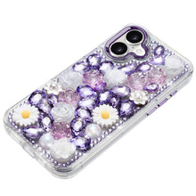 For iPhone 17 Case Full 3D Bling Faux Jewel Floral Phone Cover + Tempered Glass