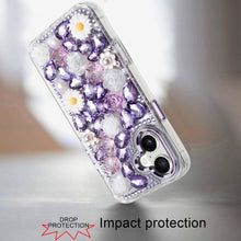 For iPhone 17 Case Full 3D Bling Faux Jewel Floral Phone Cover + Tempered Glass