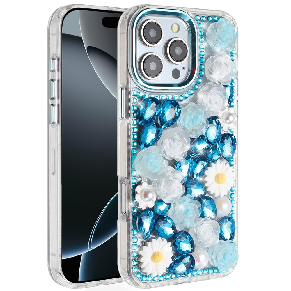 For iPhone 16 PRO MAX Case Full 3D Bling Rhinestone Jewel Cover + Tempered Glass