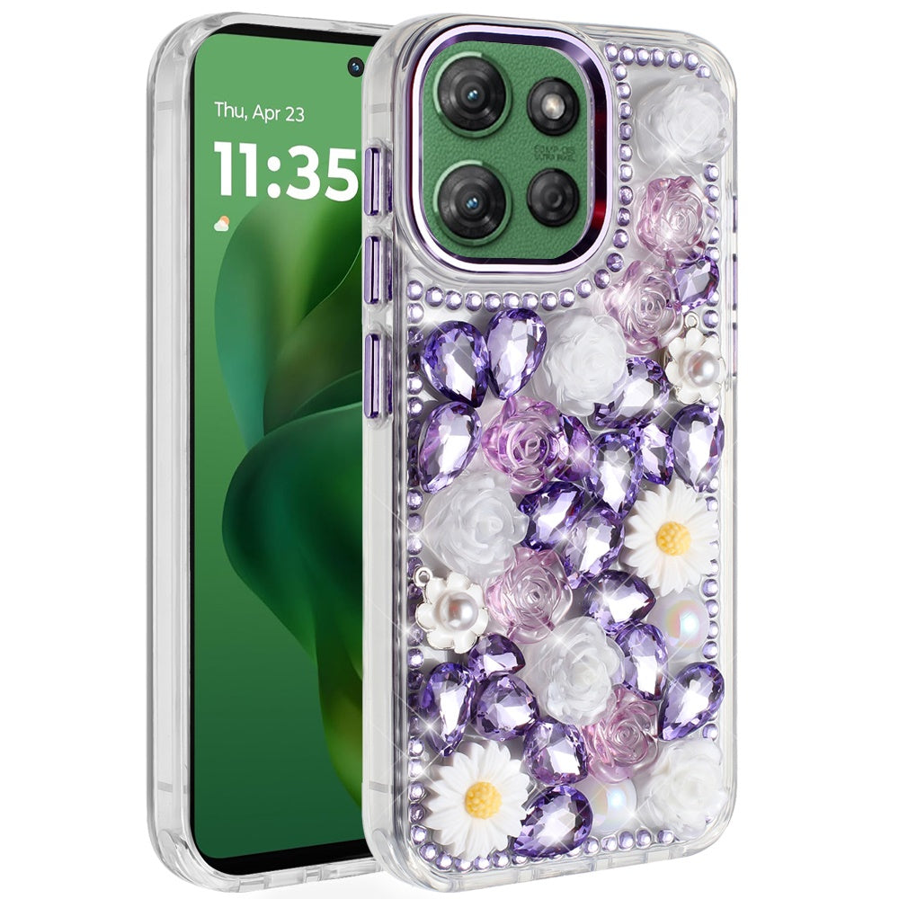 For Moto G Power 2025 Case Full 3D Bling Rhinestone Jewel Cover + Tempered Glass