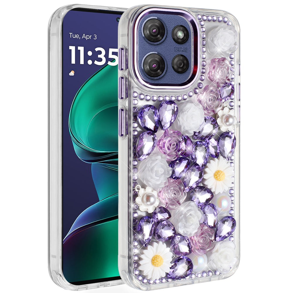 For Moto G Stylus 2025 Case Full 3D Bling Rhinestone Jewel Cover +Tempered Glass