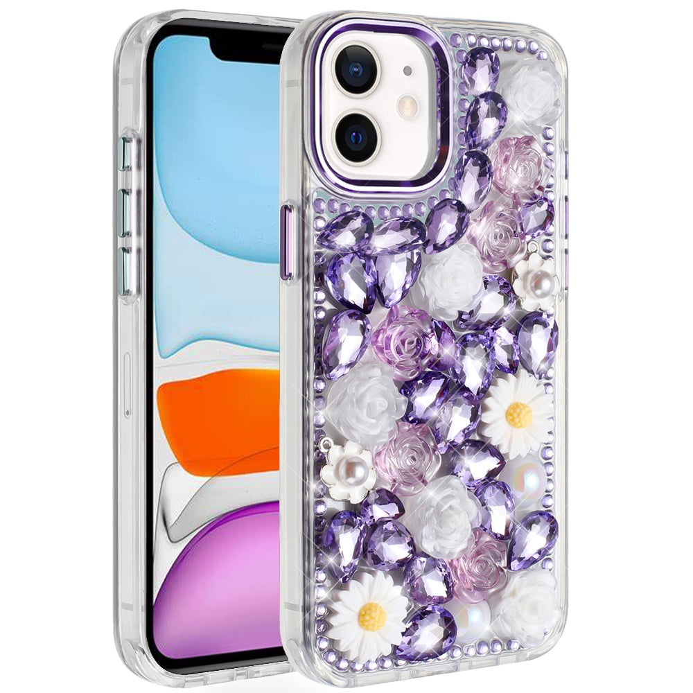 For iPhone 11 6.1 in. Case Full 3D Bling Rhinestone Jewel Cover + Tempered Glass