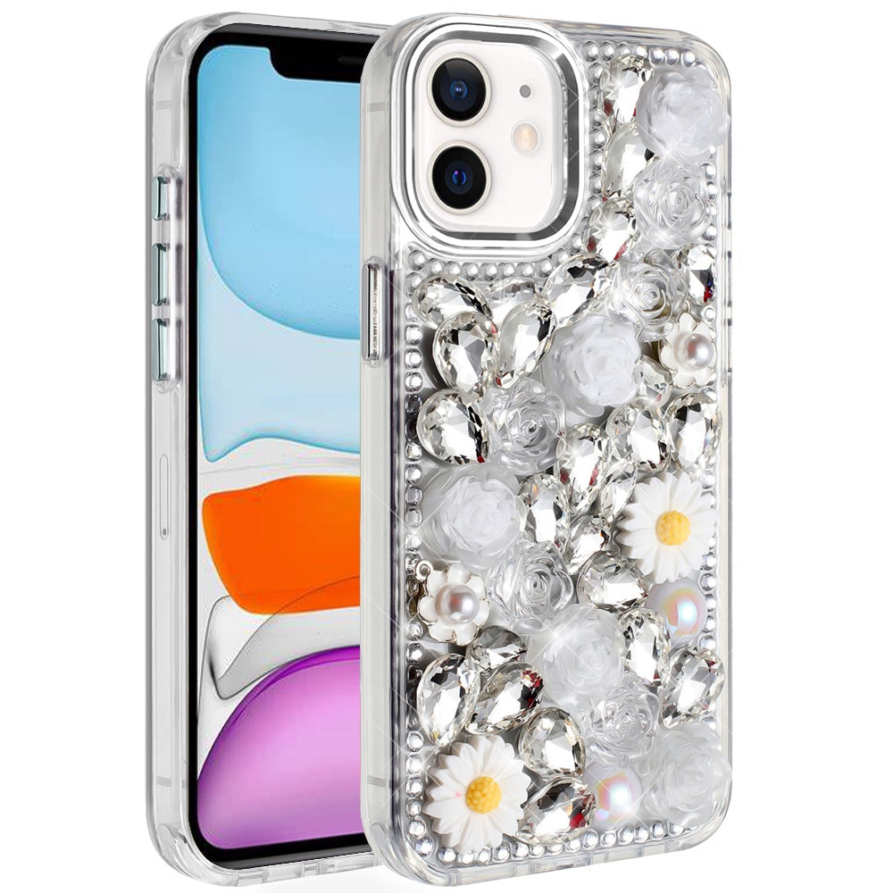 For iPhone 11 6.1 in. Case Full 3D Bling Rhinestone Jewel Cover + Tempered Glass
