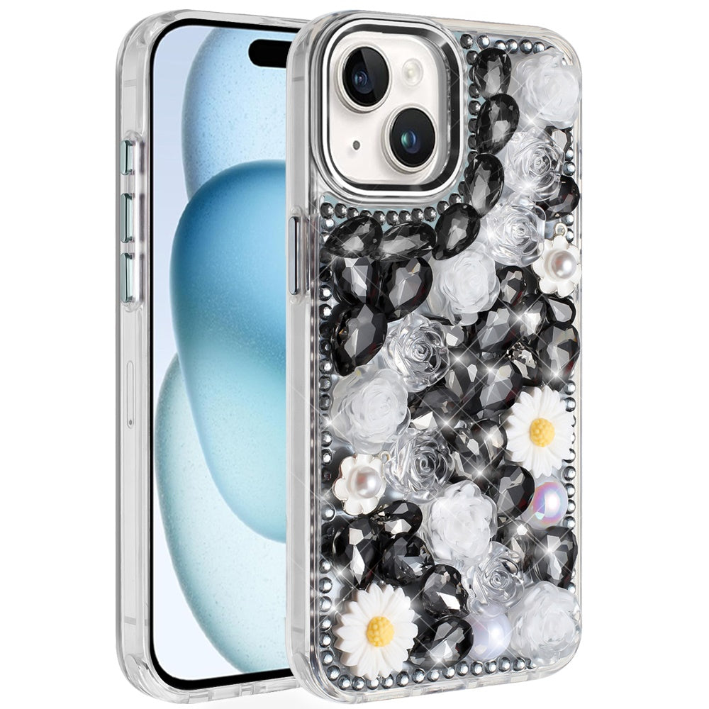 For iPhone 15 Case Full 3D Bling Rhinestone Jewel Cover + 2 Tempered Glass