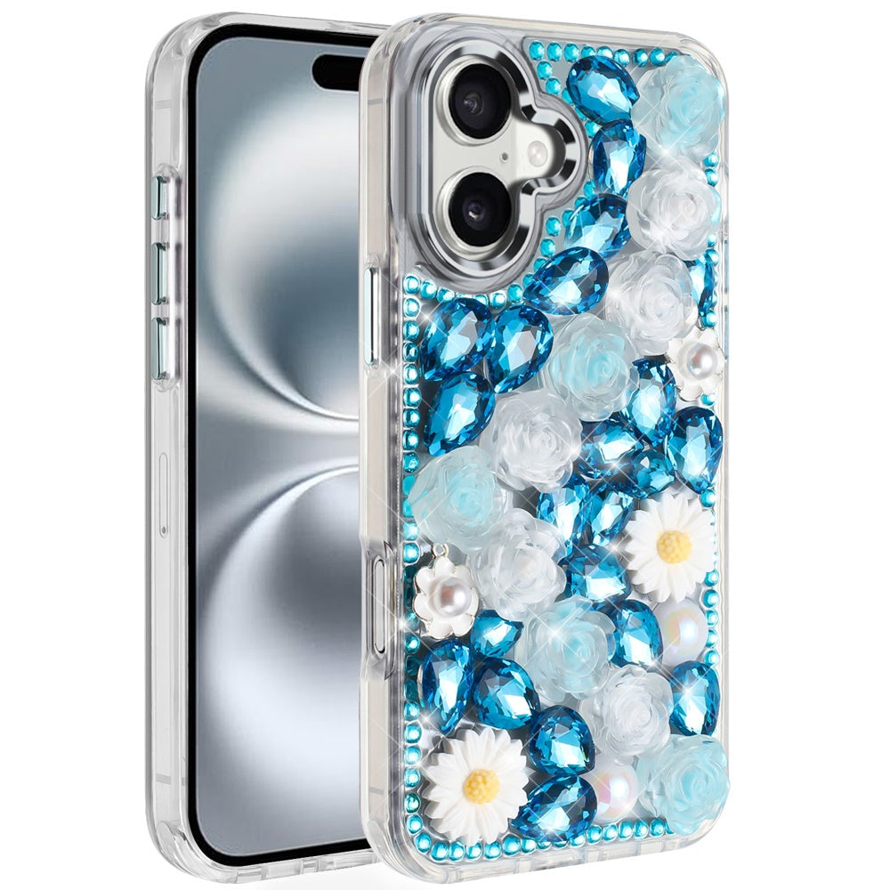 For iPhone 16 6.1inch Case Full 3D Bling Rhinestone Jewel Cover + Tempered Glass