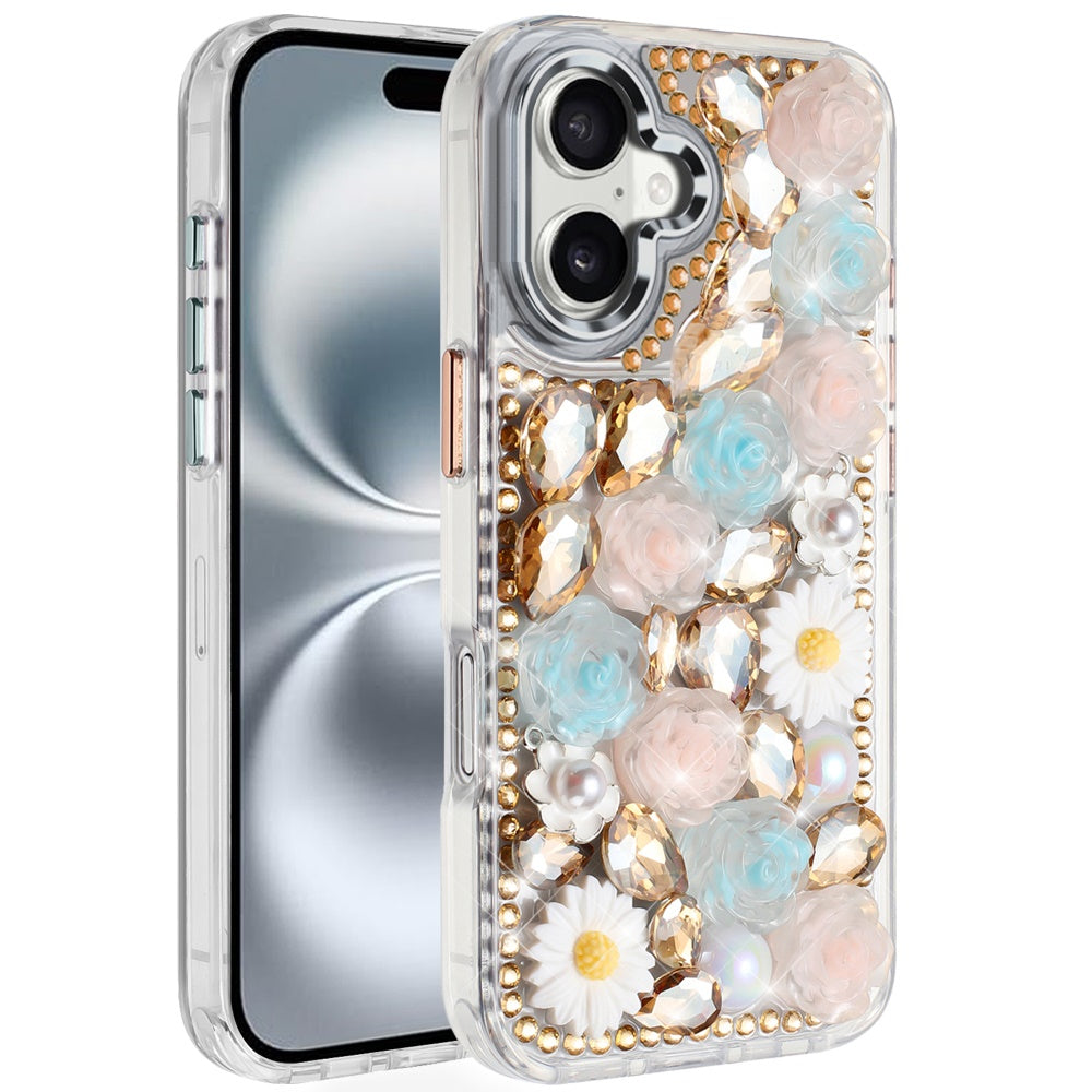For iPhone 16 6.1inch Case Full 3D Bling Rhinestone Jewel Cover + Tempered Glass
