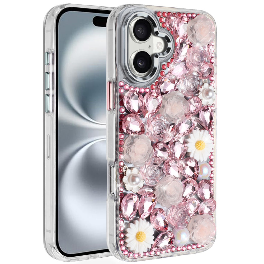 For iPhone 16 6.1inch Case Full 3D Bling Rhinestone Jewel Cover + Tempered Glass
