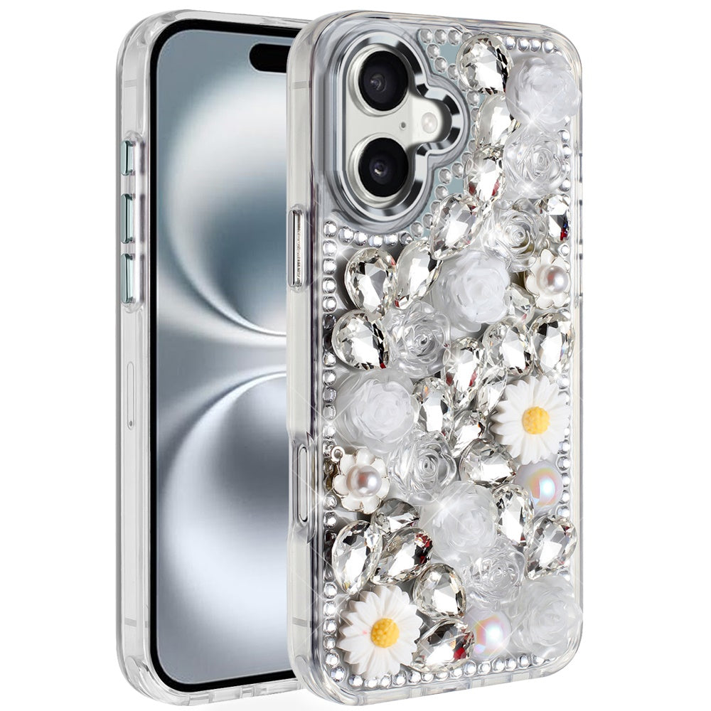 For iPhone 16 6.1inch Case Full 3D Bling Rhinestone Jewel Cover + Tempered Glass