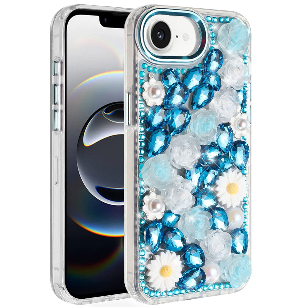 For iPhone 16e Case Full 3D Bling Rhinestone Jewel Phone Cover + Tempered Glass