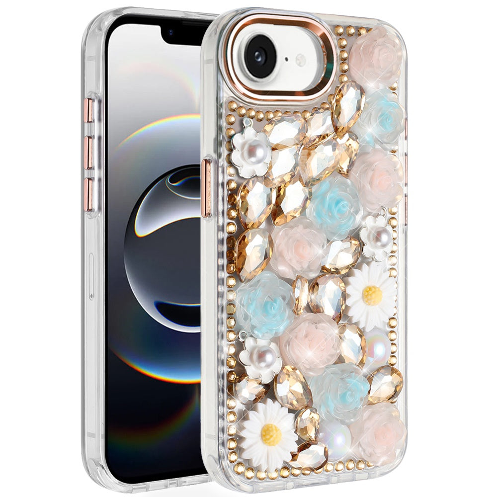 For iPhone 16e Case Full 3D Bling Rhinestone Jewel Phone Cover + Tempered Glass