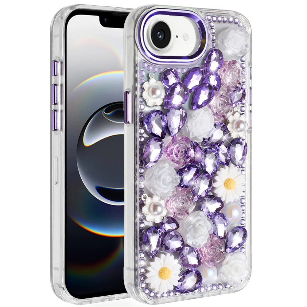 For iPhone 16e Case Full 3D Bling Rhinestone Jewel Phone Cover + Tempered Glass