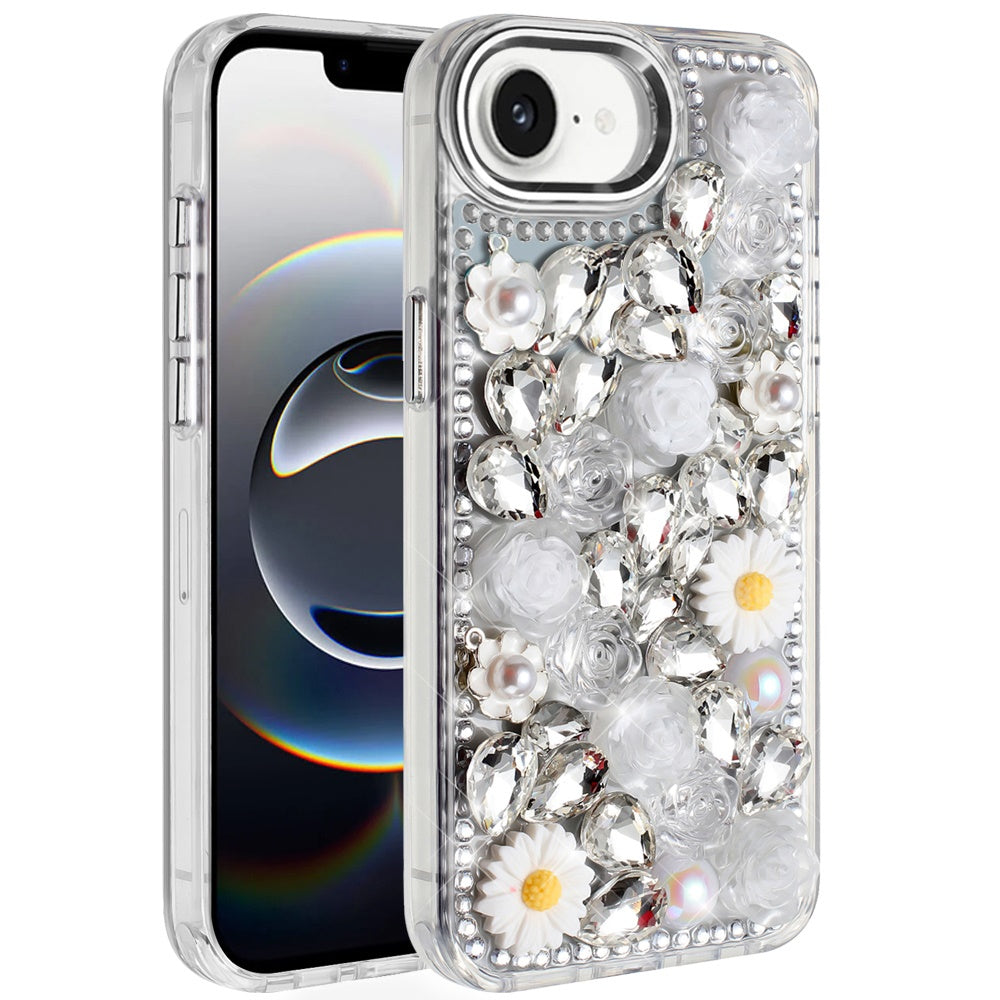 For iPhone 16e Case Full 3D Bling Rhinestone Jewel Phone Cover + Tempered Glass
