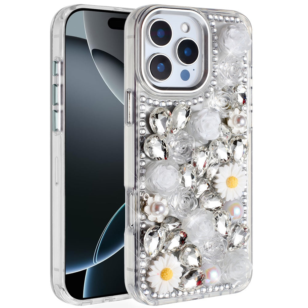 For iPhone 16 Pro 6.3in Case Full 3D Bling Rhinestone Jewel + Tempered Glass