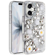 For iPhone 17 Case Full 3D Bling Faux Jewel Floral Phone Cover + Tempered Glass