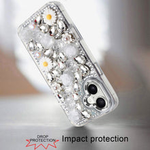 For iPhone 17 Case Full 3D Bling Faux Jewel Floral Phone Cover + Tempered Glass