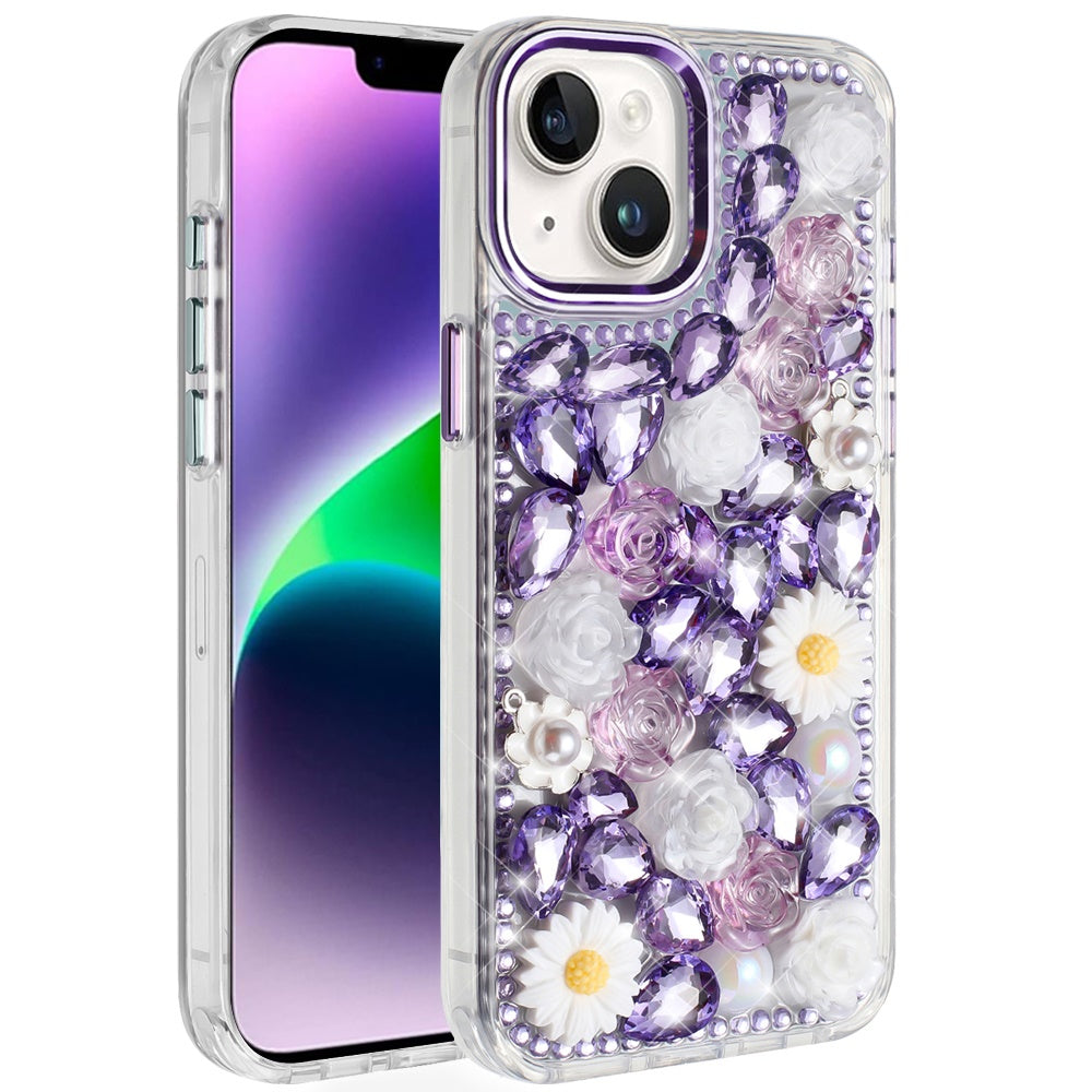 For iPhone 13/14 Case Full 3D Bling Rhinestone Jewel Cover + Tempered Glass