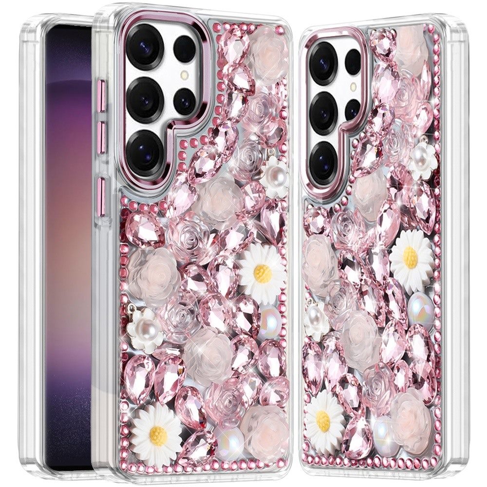For Samsung S23 Ultra Case Full 3D Floral Bling Rhinestone Jewel Phone Cover