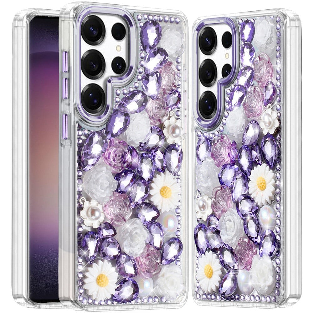 For Samsung S23 Ultra Case Full 3D Floral Bling Rhinestone Jewel Phone Cover