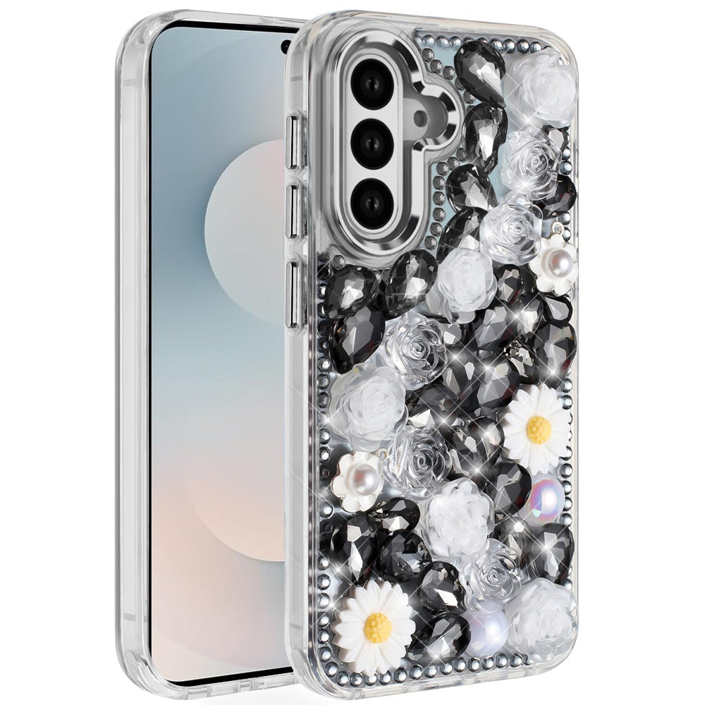 For Samsung S25 FE Case Full 3D Bling Rhinestone Jewel Cover + Tempered Glass