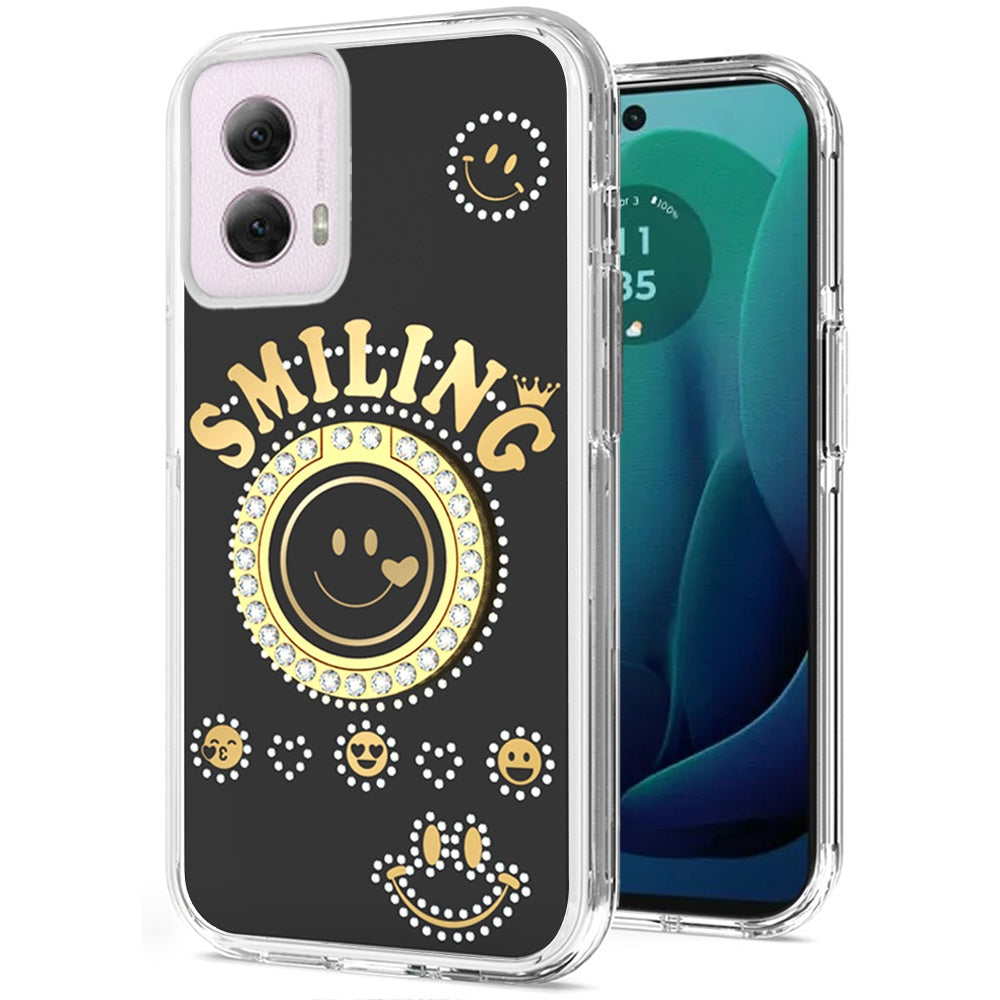 For Moto G 5G (2024) Case Diamond Studs Smiling Bling Ring Stand +Tempered Glass