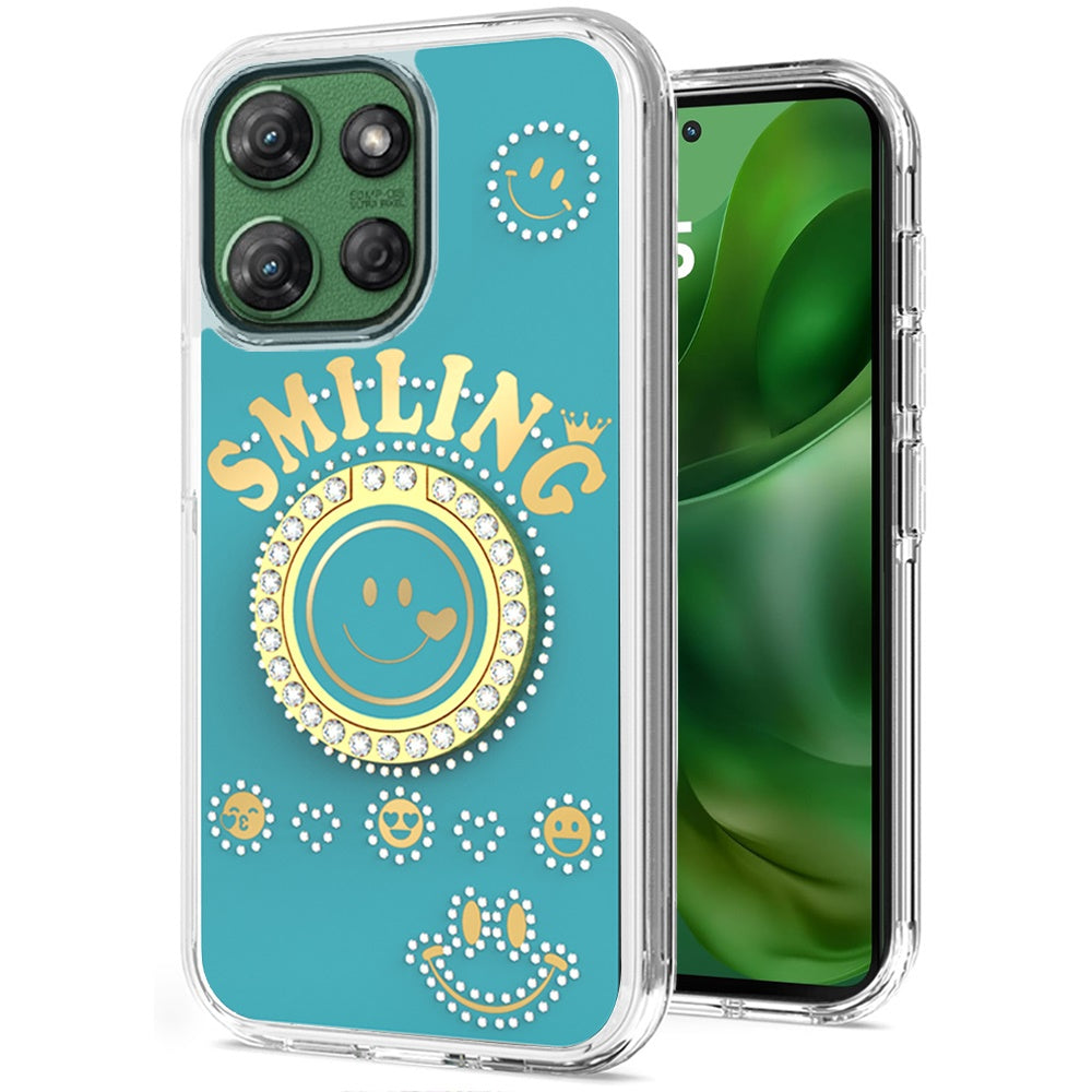 For Moto G Power 2025 Case Diamond Smiling Bling Ring Stand + Tempered Glass