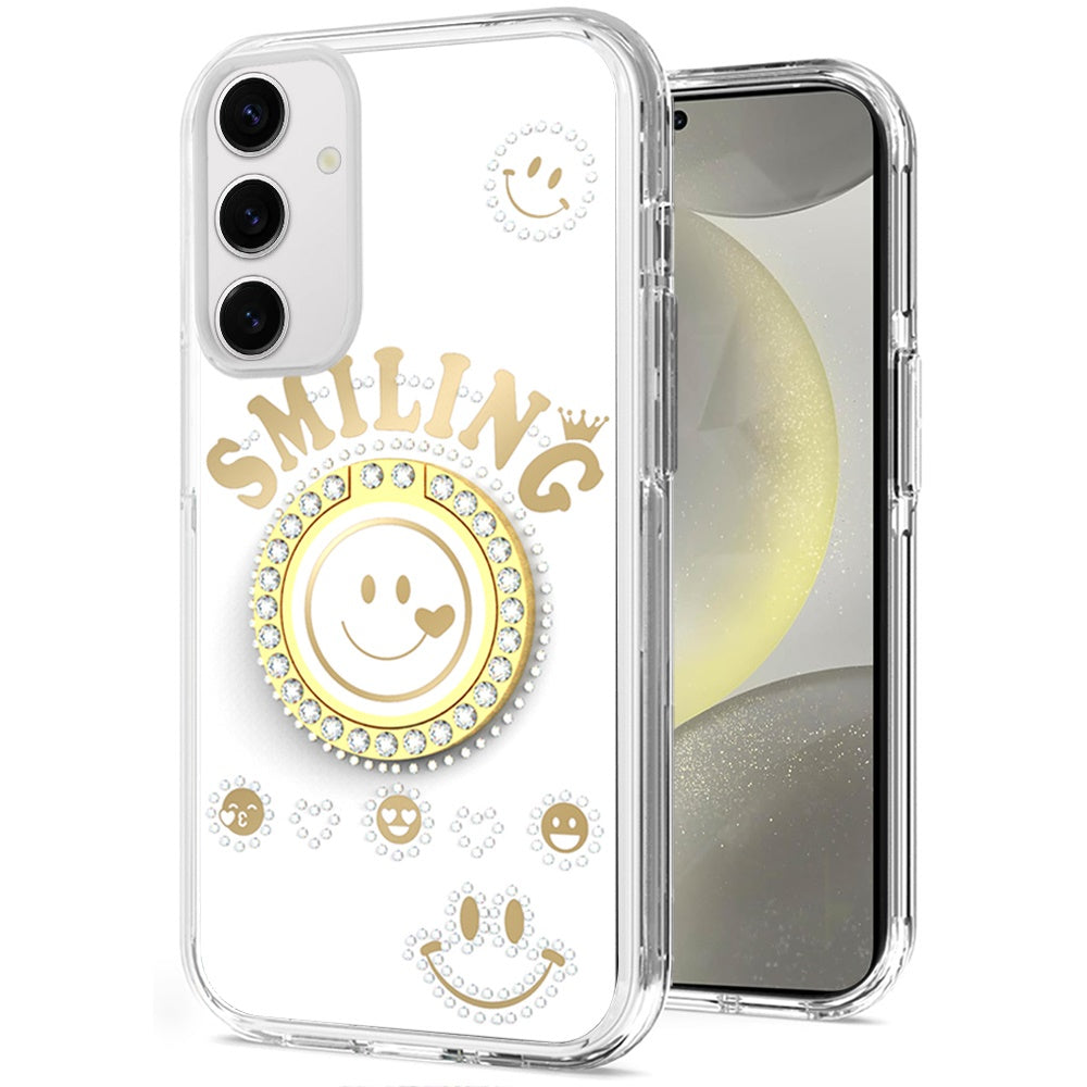 For Samsung S24+/S25+ Case Diamond Studs Smiling Face Bling Ring +Tempered Glass