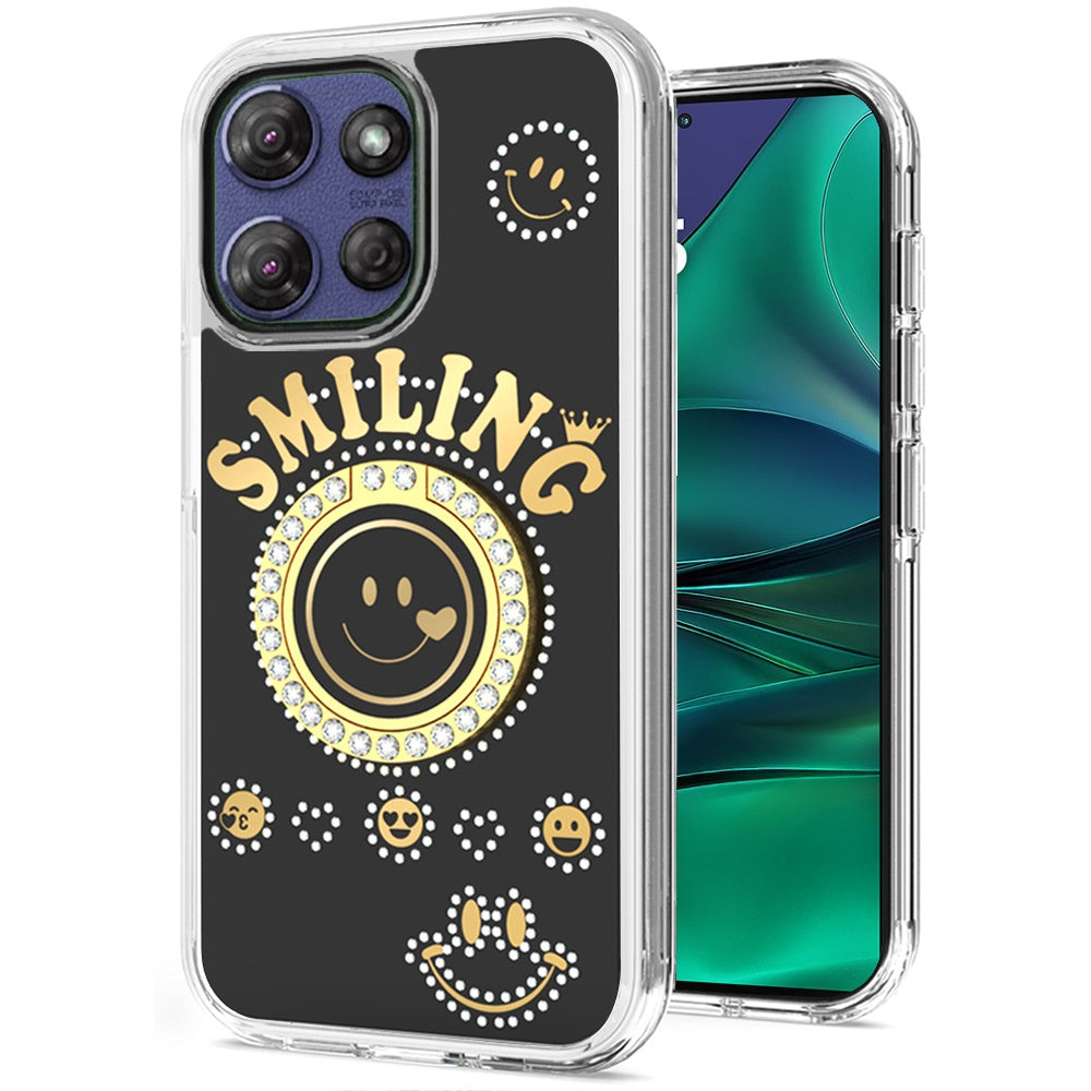 For Moto G Stylus 2025 Case Diamond Smiling Bling Ring Stand + Tempered Glass