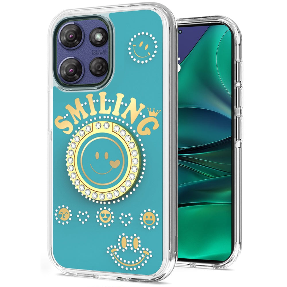 For Moto G Stylus 2025 Case Diamond Smiling Bling Ring Stand + Tempered Glass