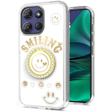 For Moto G Stylus 2025 Case Diamond Smiling Bling Ring Stand + Tempered Glass