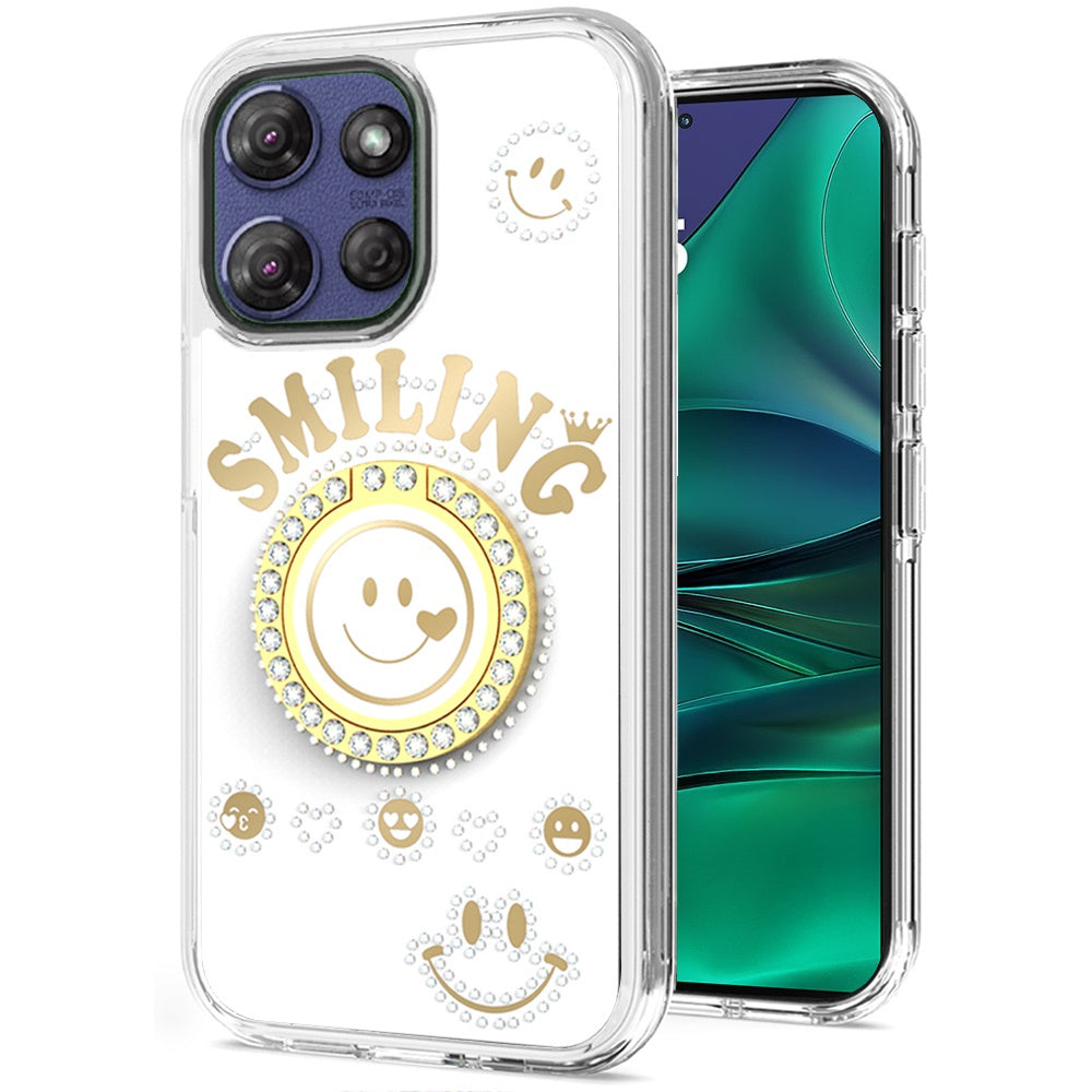 For Moto G Stylus 2025 Case Diamond Smiling Bling Ring Stand + Tempered Glass