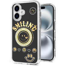 For iPhone 16 6.1inch Case Bling Studs Smiling Design Ring Stand +Tempered Glass
