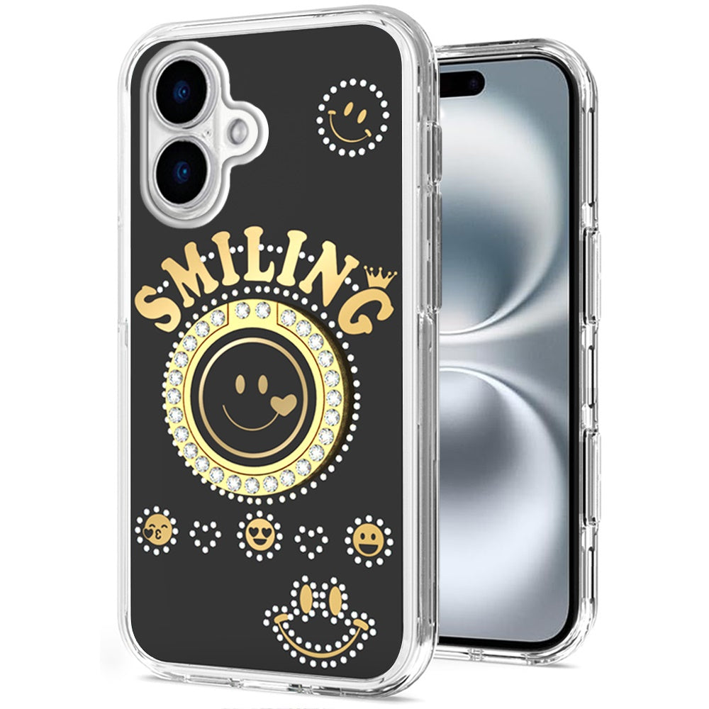 For iPhone 16 6.1inch Case Bling Studs Smiling Design Ring Stand +Tempered Glass