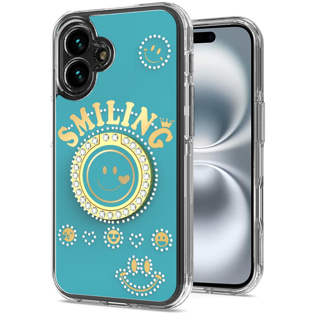 For iPhone 16 6.1inch Case Bling Studs Smiling Design Ring Stand +Tempered Glass