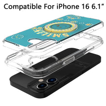 For iPhone 16 6.1inch Case Bling Studs Smiling Design Ring Stand +Tempered Glass