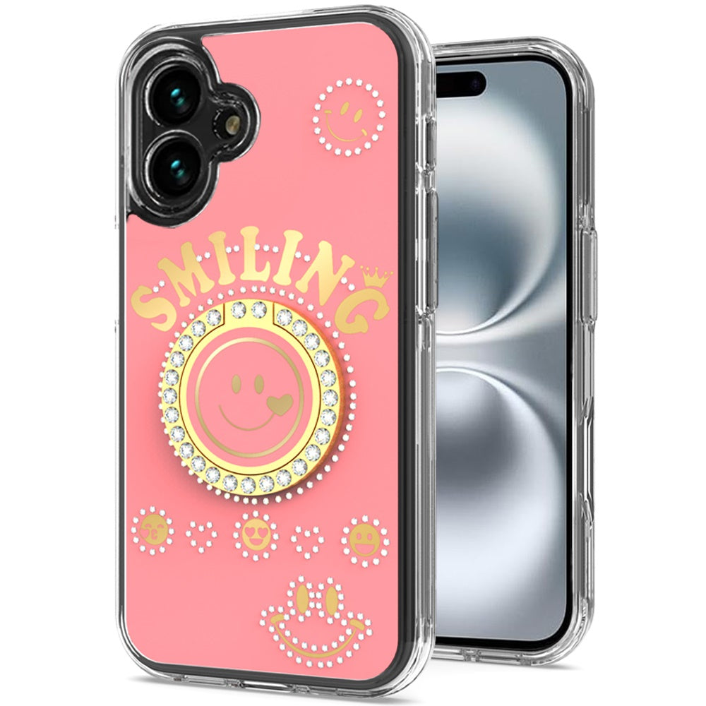 For iPhone 16 6.1inch Case Bling Studs Smiling Design Ring Stand +Tempered Glass