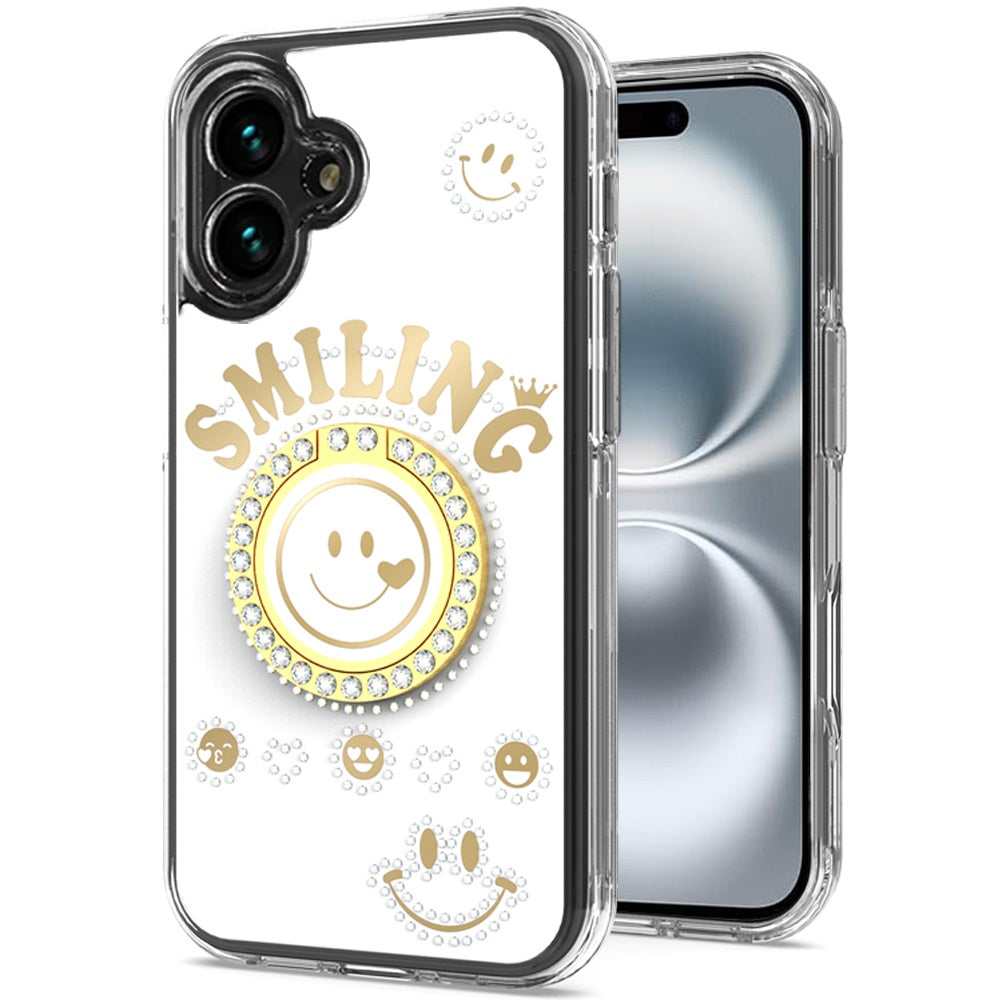 For iPhone 16 6.1inch Case Bling Studs Smiling Design Ring Stand +Tempered Glass